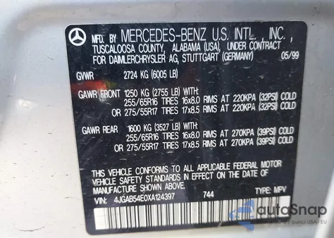 1999 Mercedes-Benz Ml 320 from USA, damaged, VIN 4JGAB54E0XA124397